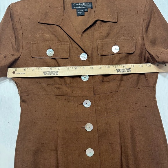 Cynthia Howie Silk Shirt Dress 8P Brown Button Front Vintage Career Midi - Picture 2 of 11